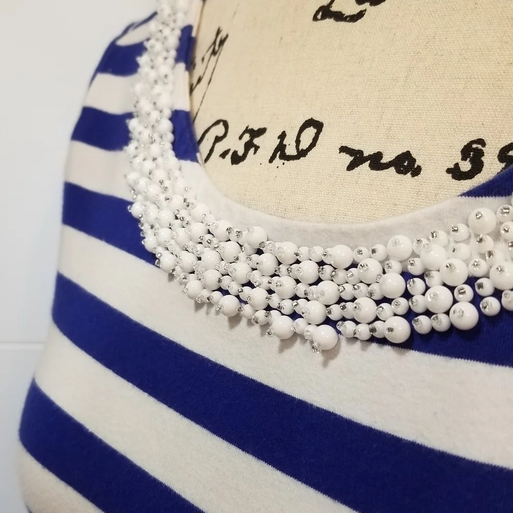 Talbots Blue White Nautical Striped Pearl Beaded Top XS - Picture 4 of 10